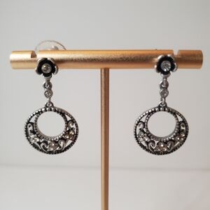 Chic Black and Silver Floral Dangle Earrings